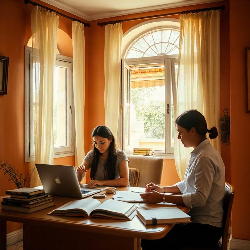 Retrato editorial cándido de dos personas trabajando en un escritorio iluminado en un interior uruguayo cálido