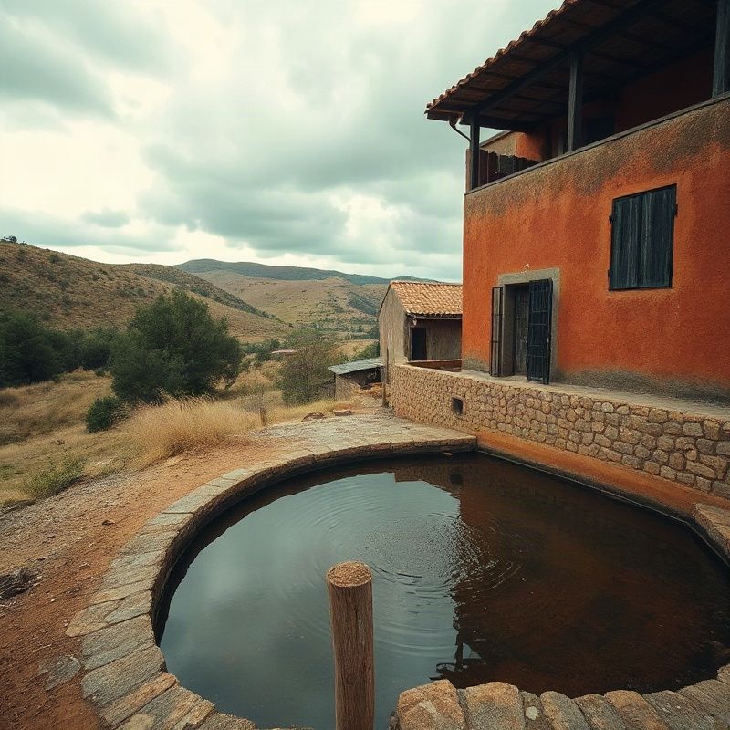 Fuente de agua rural cerca de las colinas onduladas de Cerro Largo bajo la luz suave del sur
