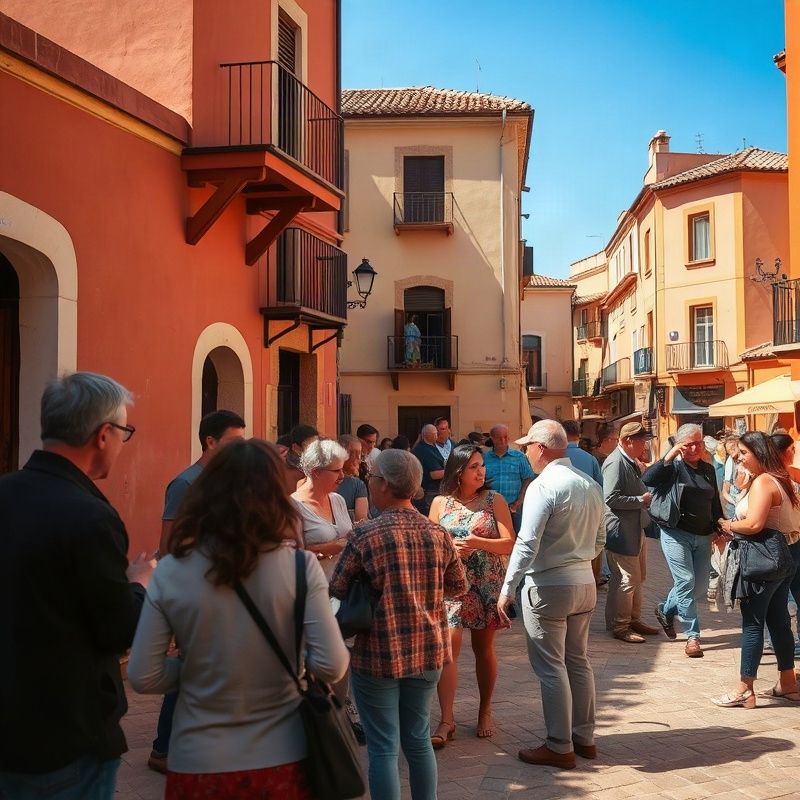 Pequeño encuentro comunitario al aire libre en una plaza de un barrio de Melo, personas conversando bajo luz natural